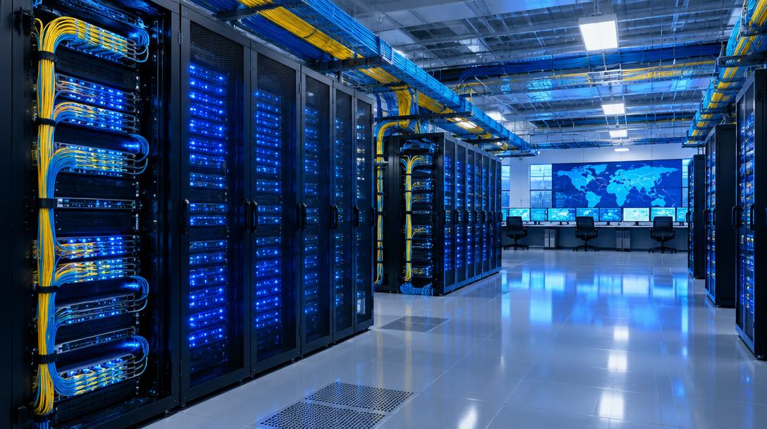 Wholesale carrier network operations center with rows of server racks and fiber cabling