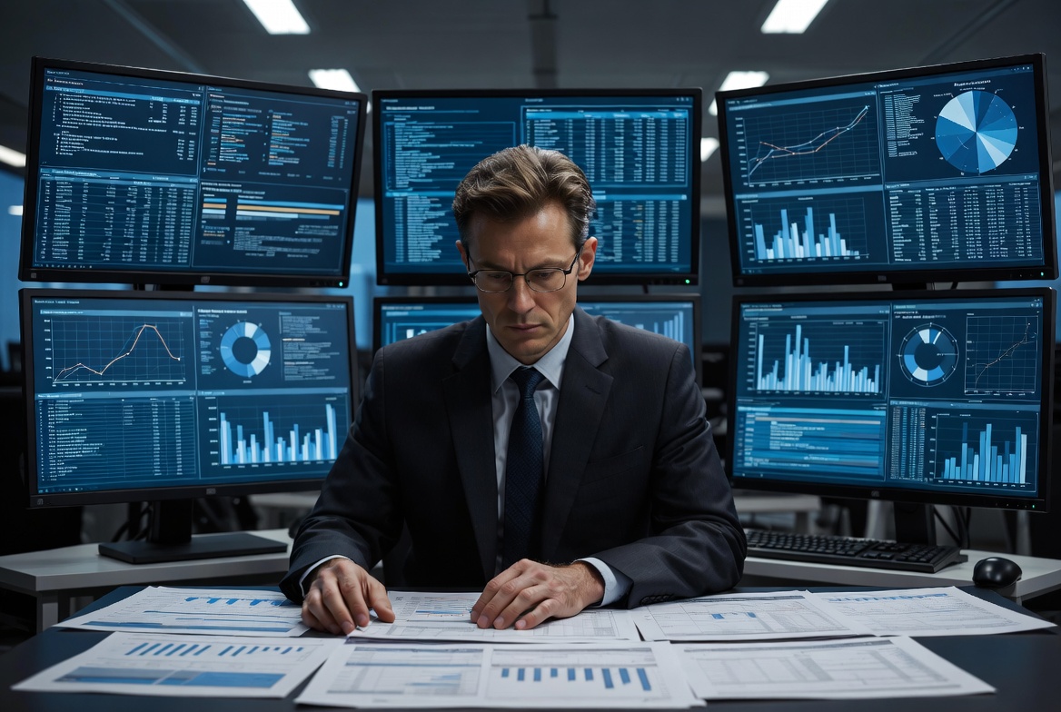 Investigator reviewing fraud reports across multiple monitors